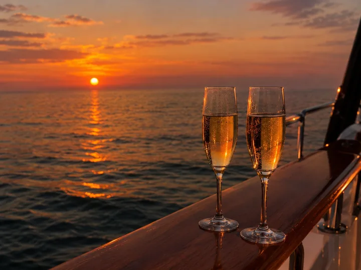 Two glasses of champagne on a boat railing at sunset
